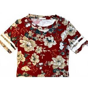 Heart & Hips Red Floral Short Sleeve Top with White Sleeve Stripes